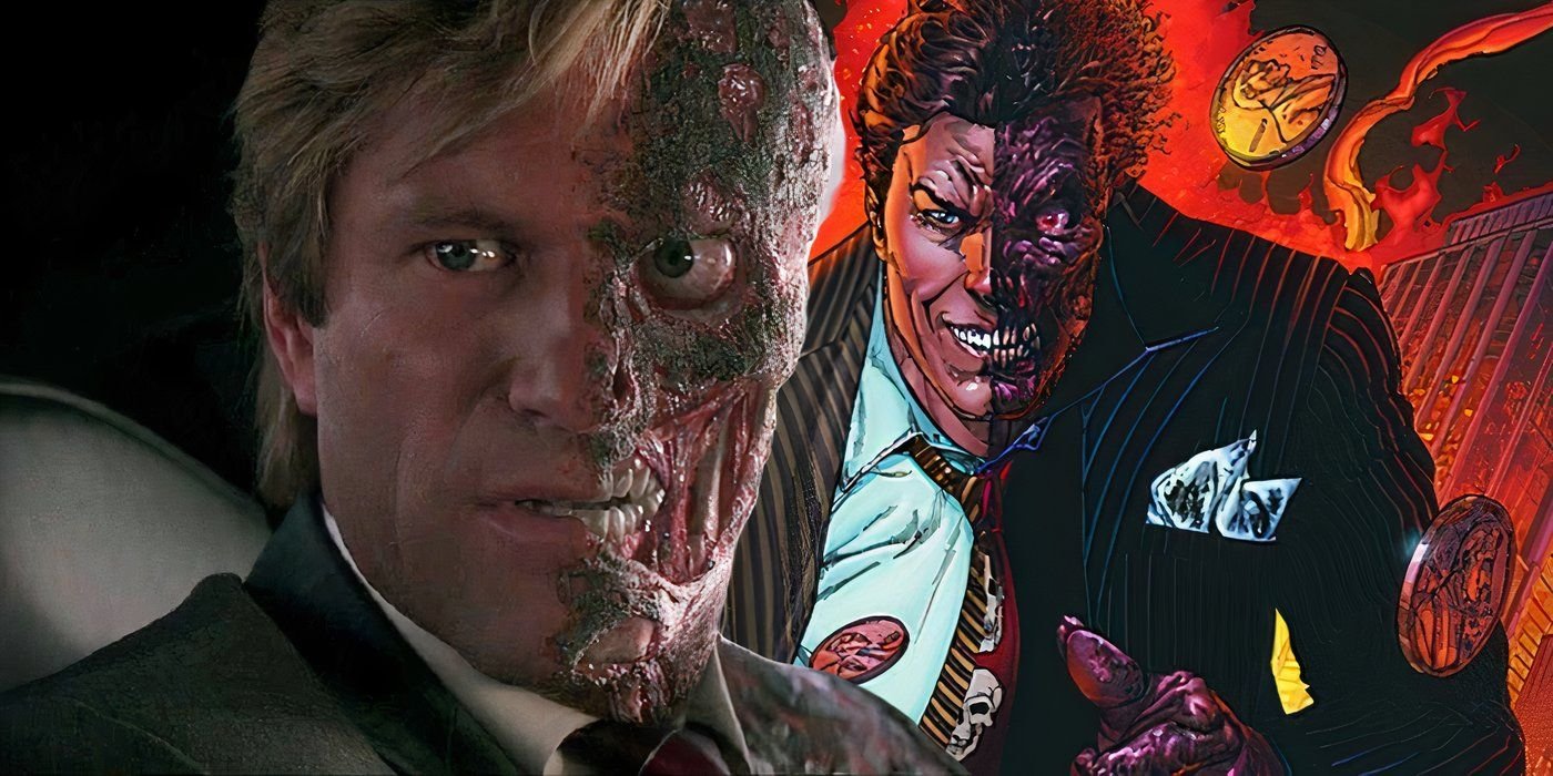 Split image of two face in the dark knight and in DC Comics