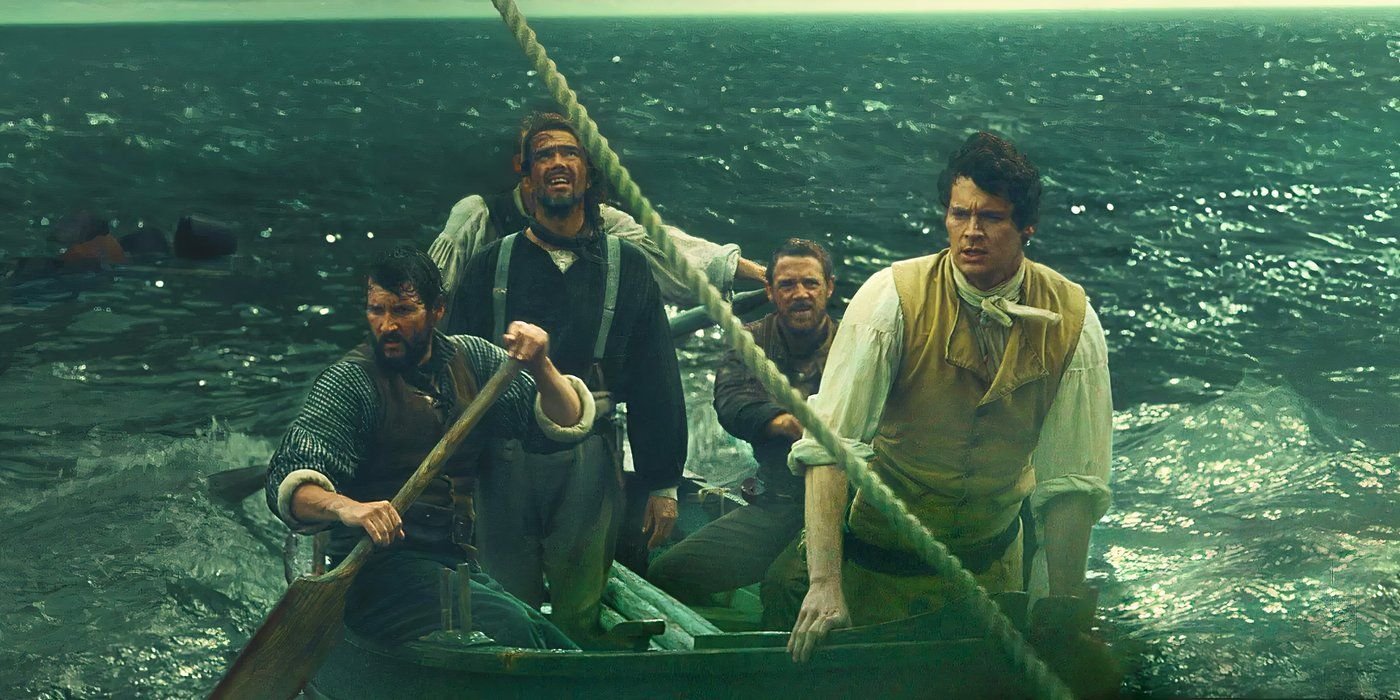 Four sailors on a boat in the middle of the ocean in In The Heart of the Sea