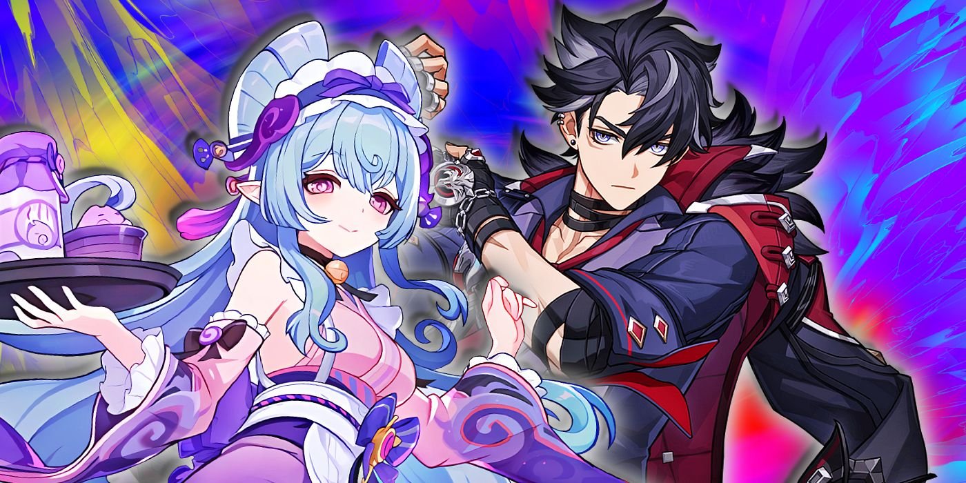 Genshin Impact Needs To Add This New Item ASAP 4 Genshin Impact's Mizuki and Wriothesley pose next to each other against a colorful background.