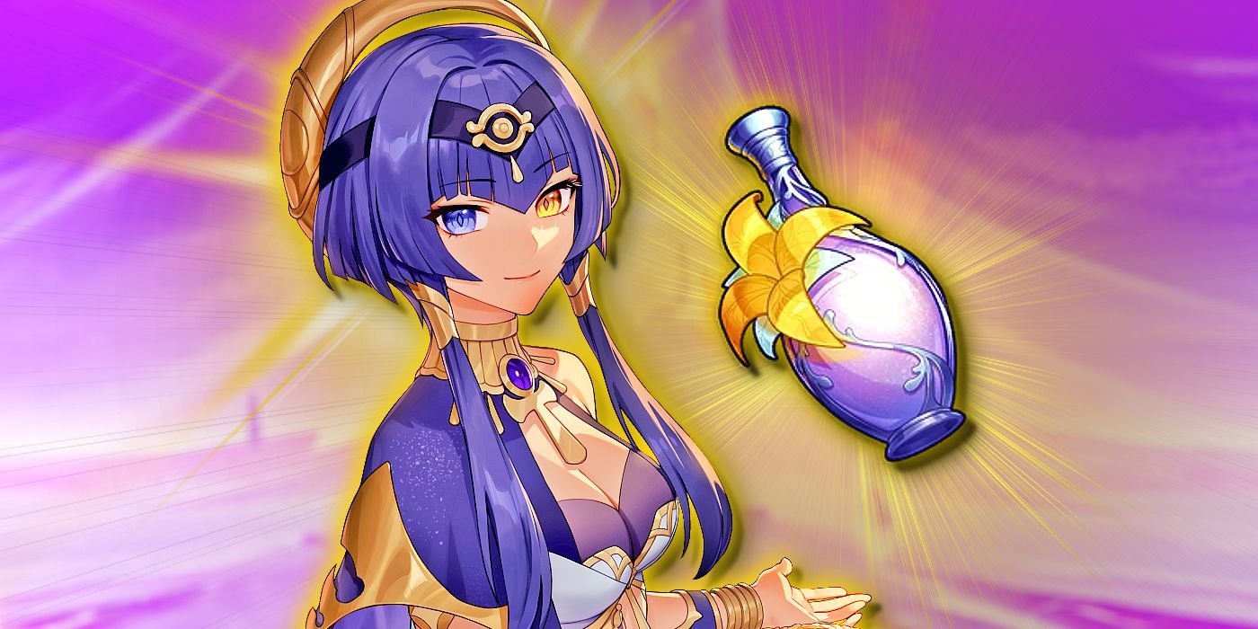 Genshin Impact's Candace smiles as she shows a bottle of Sanctifying Elixir.