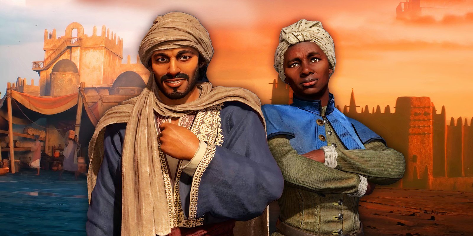 Harriet Tubman with Ibn battuta from Civilization 7 with imagery from cinematic