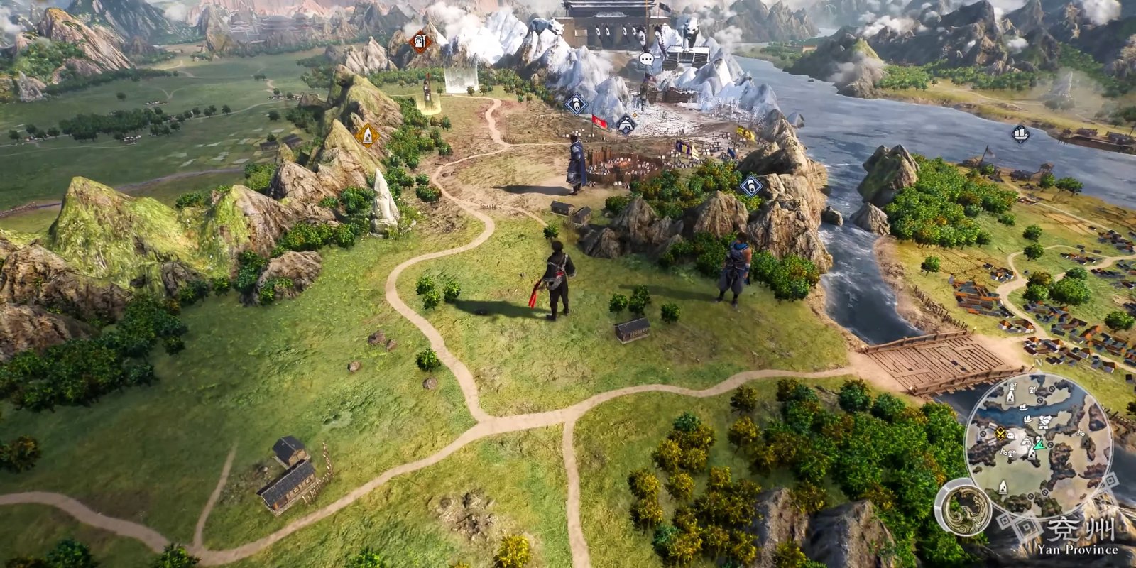 A screenshot of the world map from Dynasty Warriors: Origins, showing Ziluan in a field with various NPCs and icons on all sides of him.