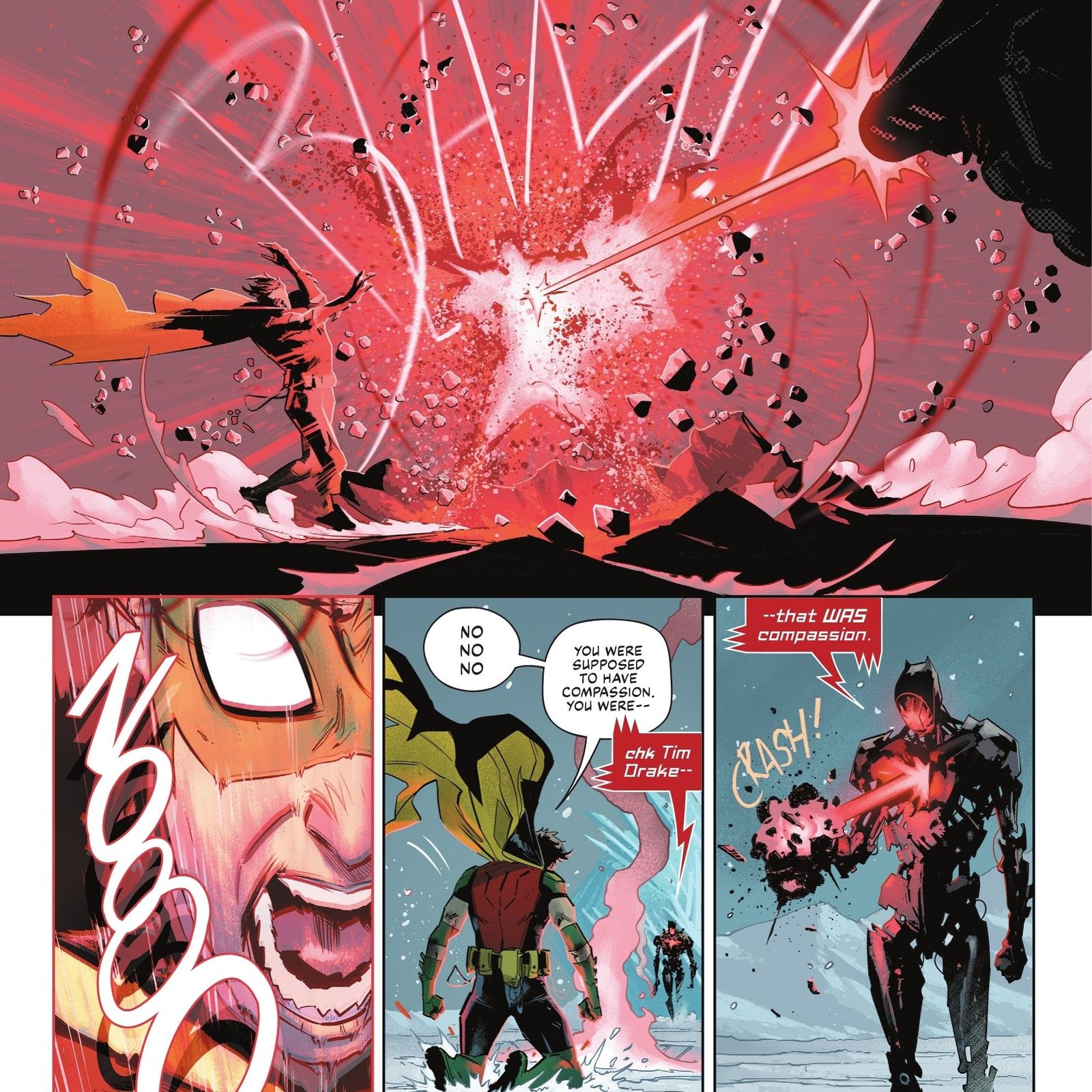 Comic book panels: Failsafe defeats Batman in the snow as Robin Tim Drake screams.