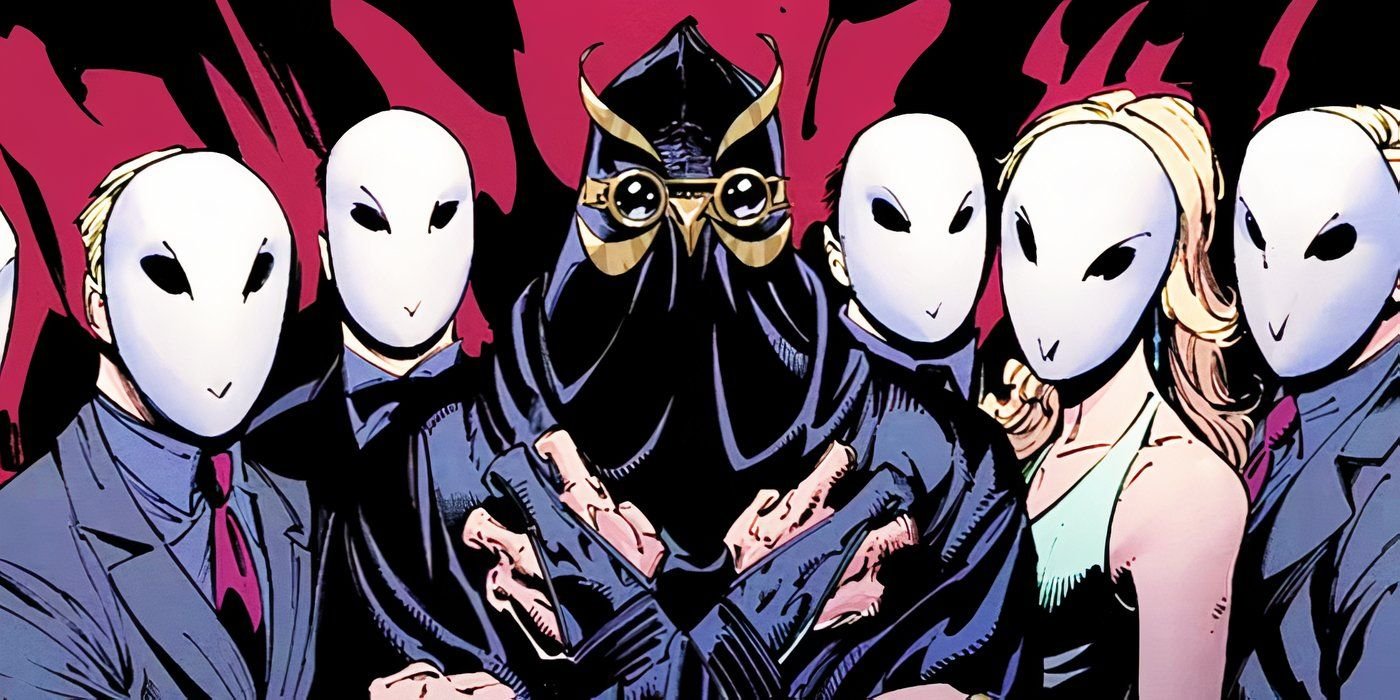 Comic book art: The Court of Owls in their masks in DC Comics