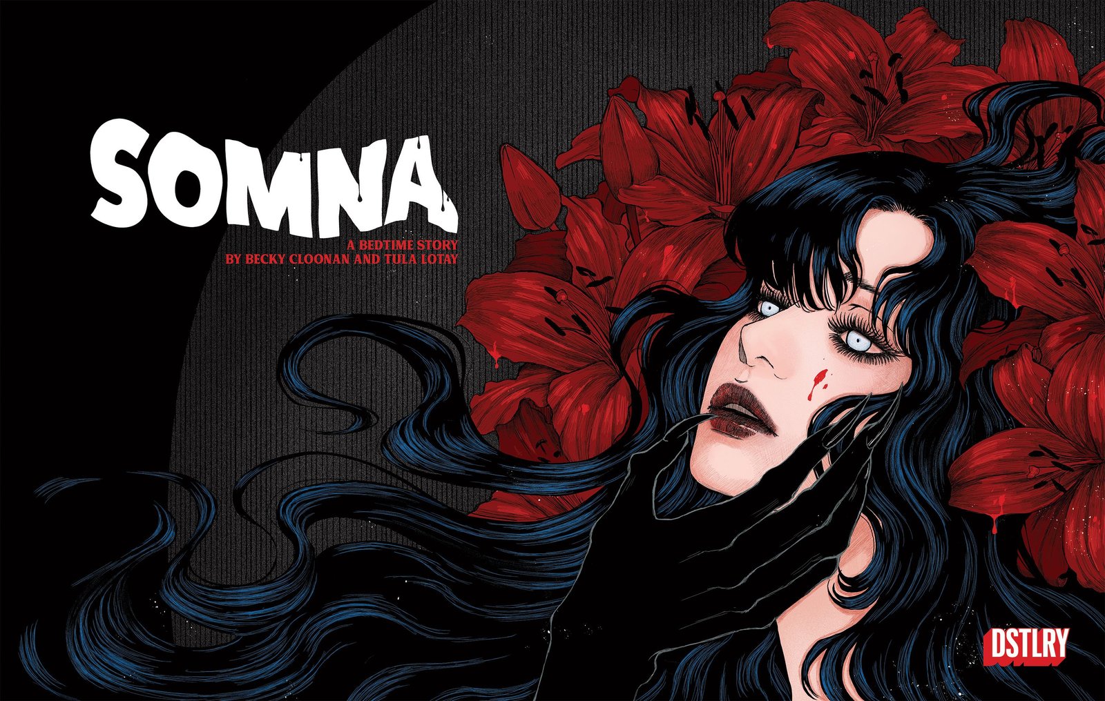 Somna 3 Citriya Variant Cover: a white woman with dark hair laying in red flowers with a shadowy hand on her face.