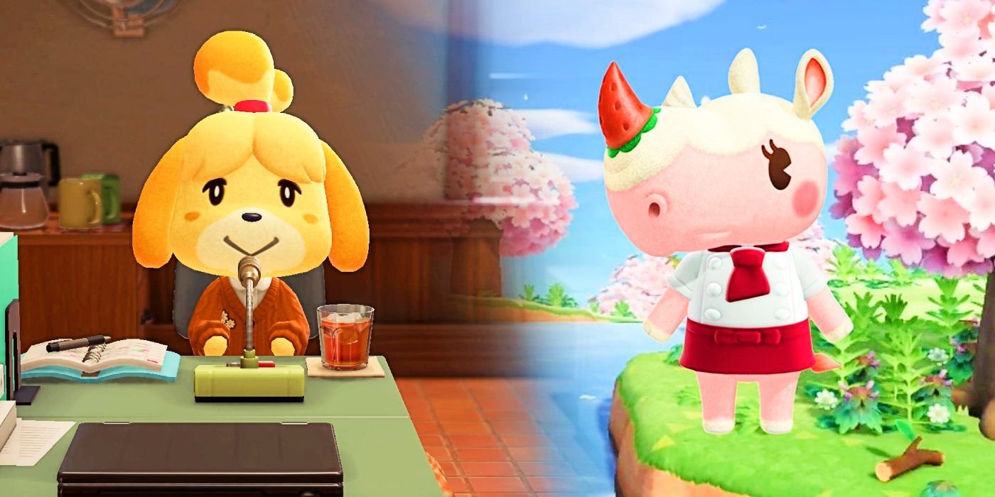 New Horizons Island In 2025 3 Isabelle at her desk and Merengue surrounded by cherry blossom trees in ACNH.