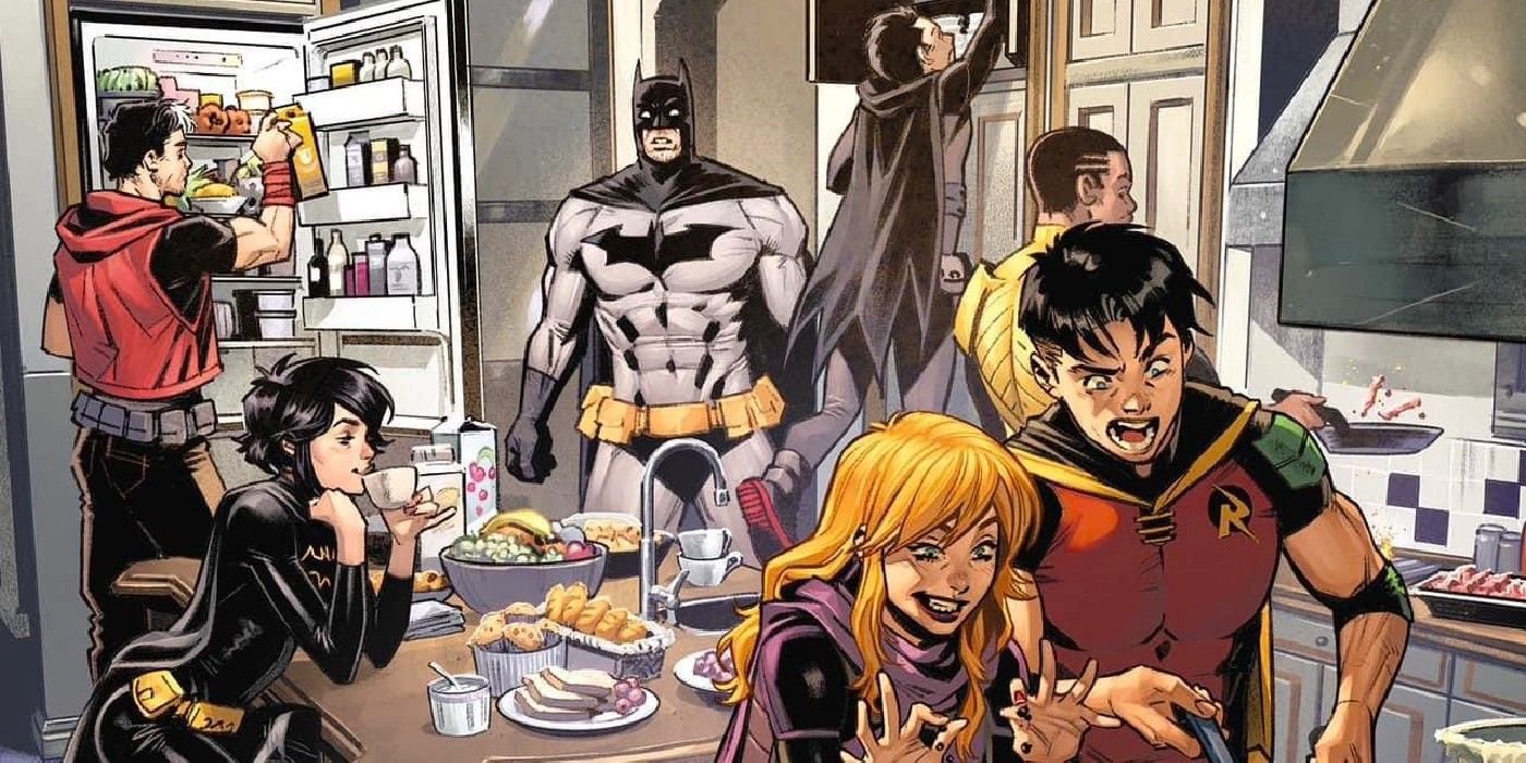 the bat-family preparing a meal for batman