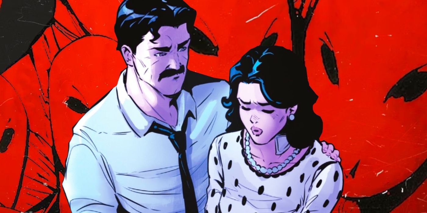 Comic book art: Batman's parents Thomas and Martha Wayne in front of the Court of Owls.