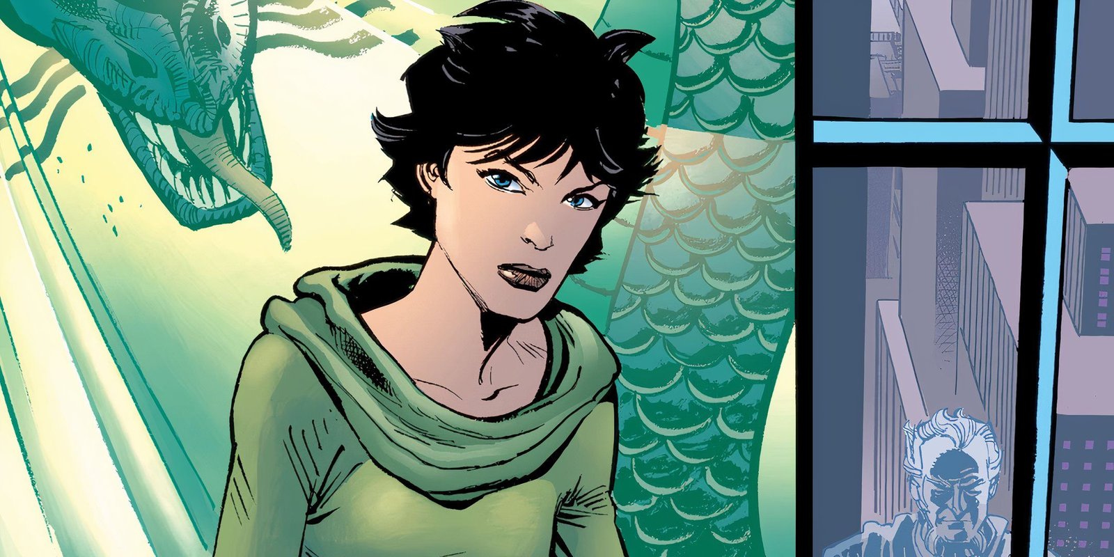 Nyssa Raatko with Ra's Looming Behind Her DC