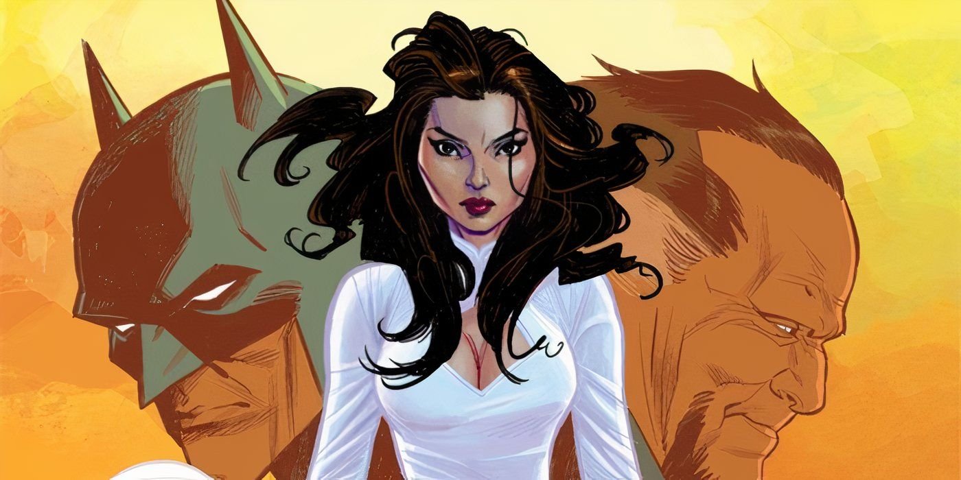 Talia al Ghul (foreground) with Batman (left) and Ra's al Ghul (right) over her shoulders.