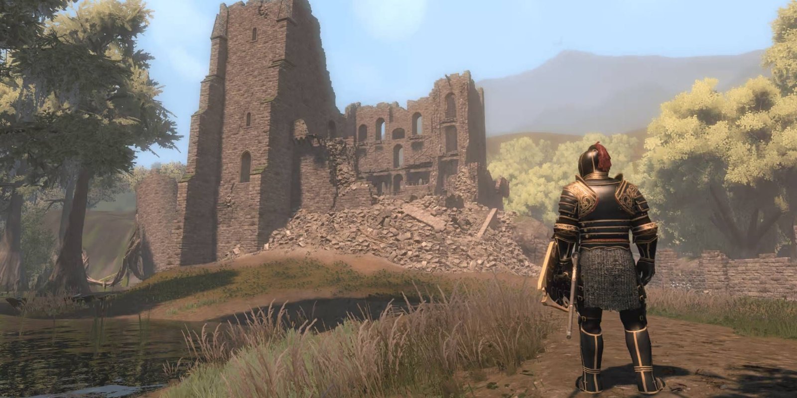 The player looking at a ruined building in Skyblivion.