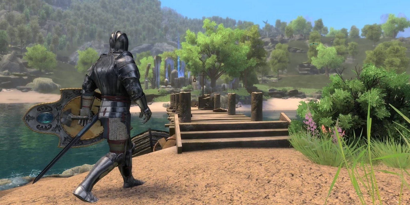 The player walking towards a bridge while wearing armor with a forest in the background in Skyblivion.
