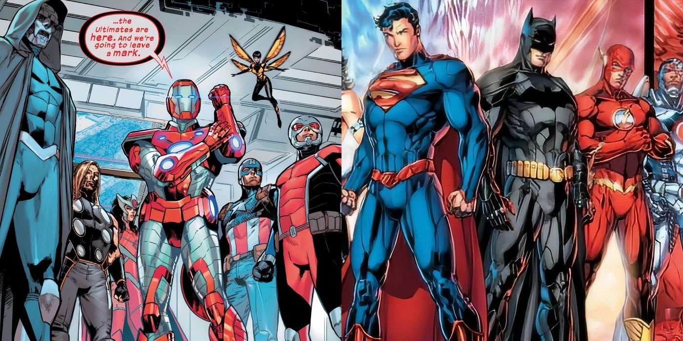 The Ultimates and the Justice League - split image.