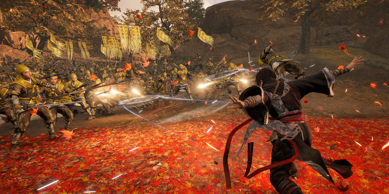 Ziluan throwing a pair of spinning wheels at a large enemy force in a screenshot from Dynasty Warriors Origins.