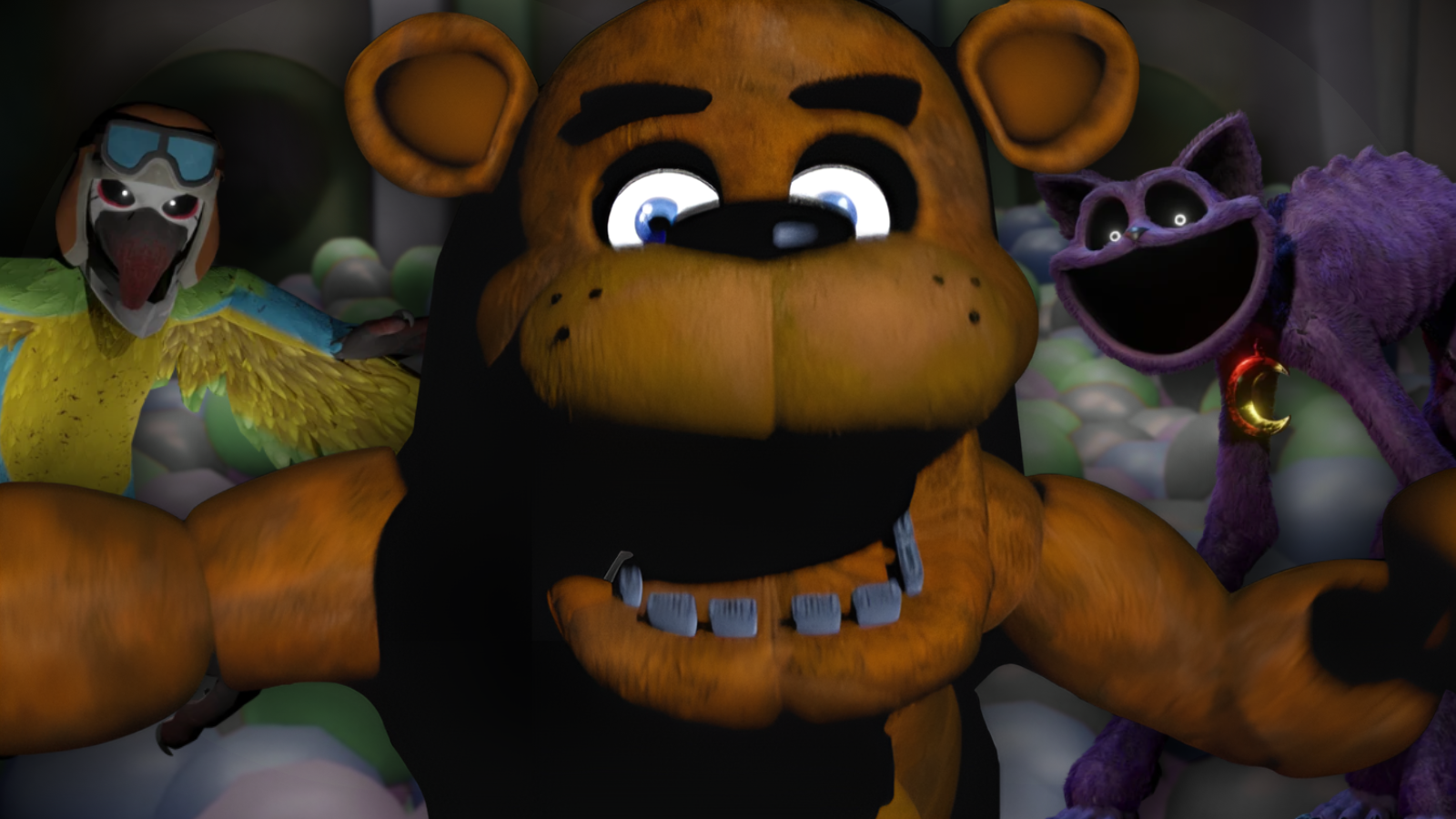 Five Nights At Freddy's Can Never Go Back To Using Security Guards & The Later Games Prove It 3 Freddy Fazbear jumps at the screen while Catnap and Mollie Macaw stand behind him.