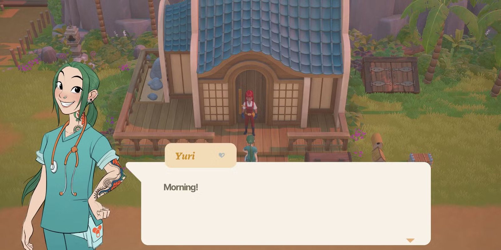 Coral Island's Yuri wishing the player a good morning outside their home