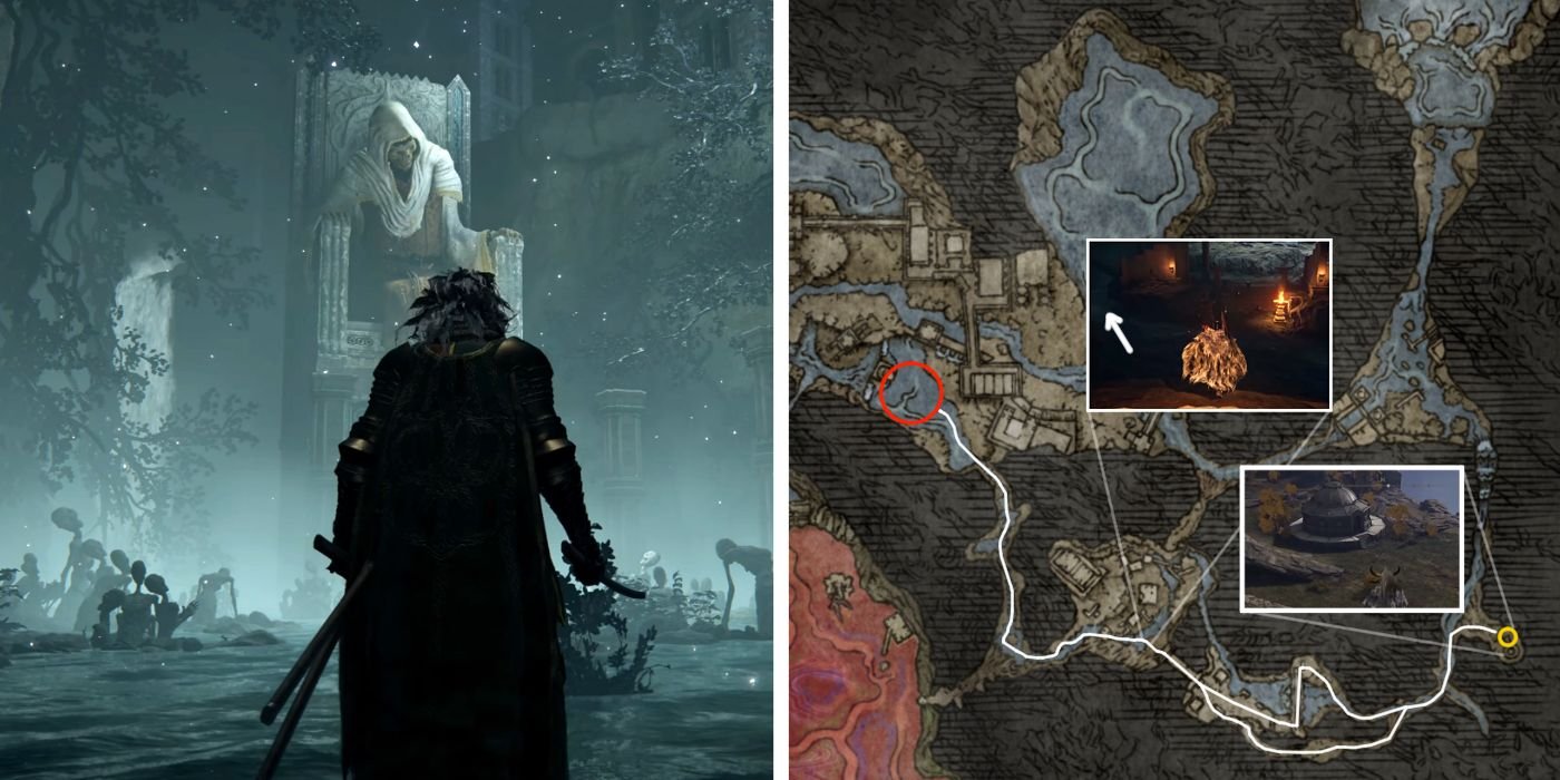 An Elden Ring player standing in front of the Nokstella Dragonkin Soldier Boss Location In Elden Ring next to the same location on the game's map, with the path to find it highlighted in white.