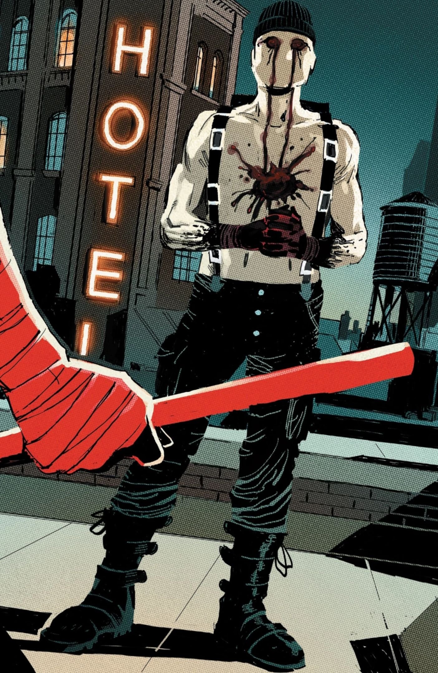 Comic book panel: Daredevil Standing In Front Of Muse On A Rooftop