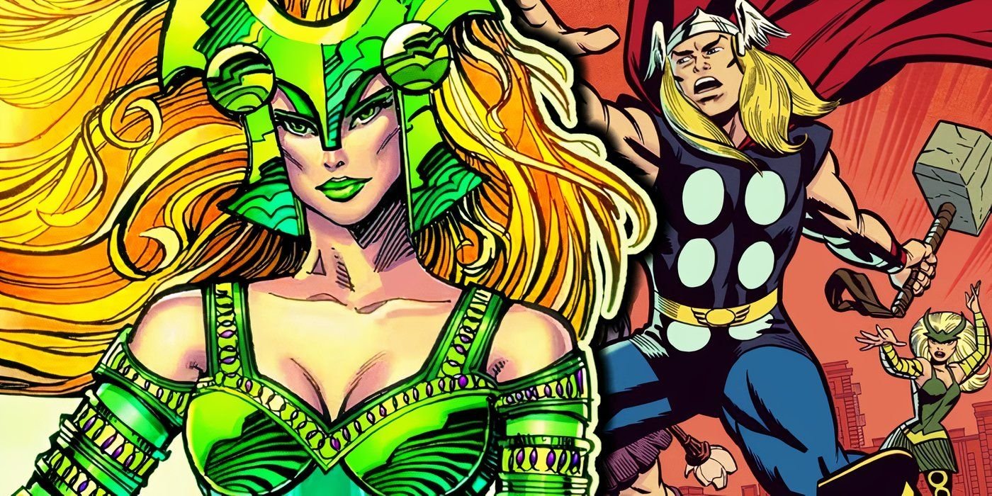 Marvel Comics' Enchantress with Thor behind her.