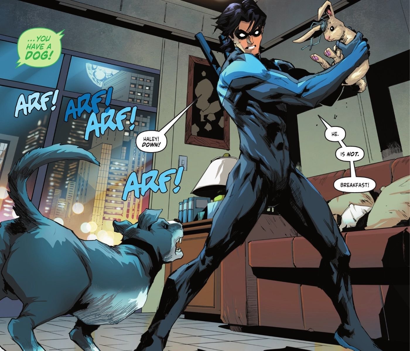 Nightwing With Rabbit and Haley the Dog