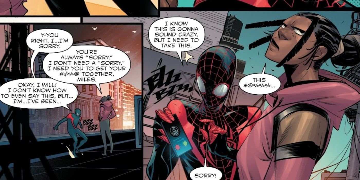 Comic book panels: granddaughter of the Vulture argues with boyfriend Miles
