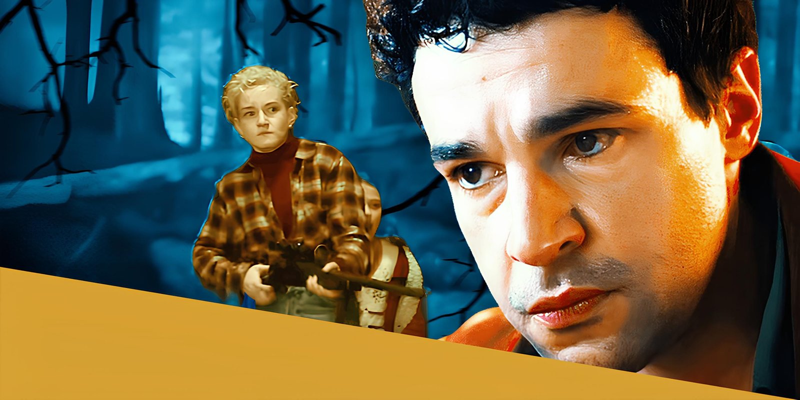 Sweaty, worried looking Christopher Abbott from the trailer. Julia Garner holding rifle from the trailer