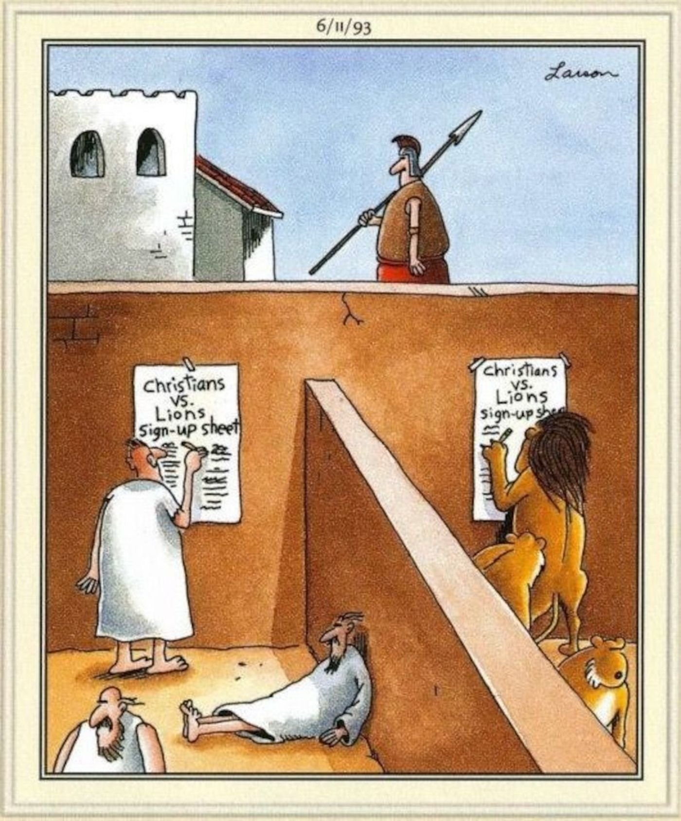 The Far Side, lions and Christians signing sign up sheets.