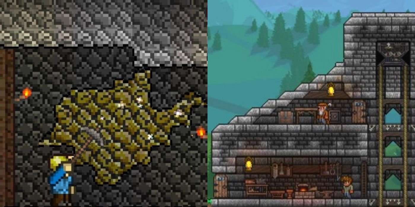 16 Best World Seeds In Terraria 2 Split image of a man in a cave & a giant house in Terraria.