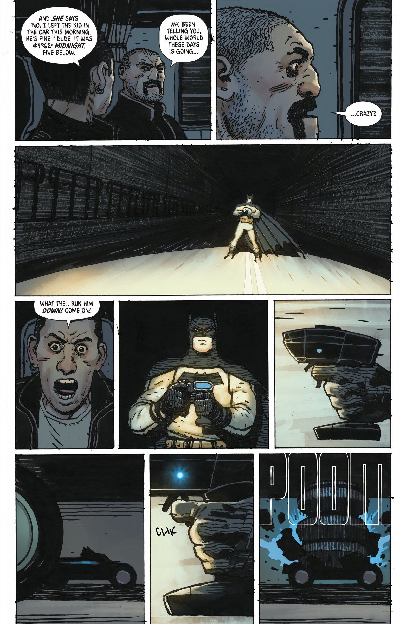 Absolute Batman uses an RC Batmobile to stop some robbers in a truck