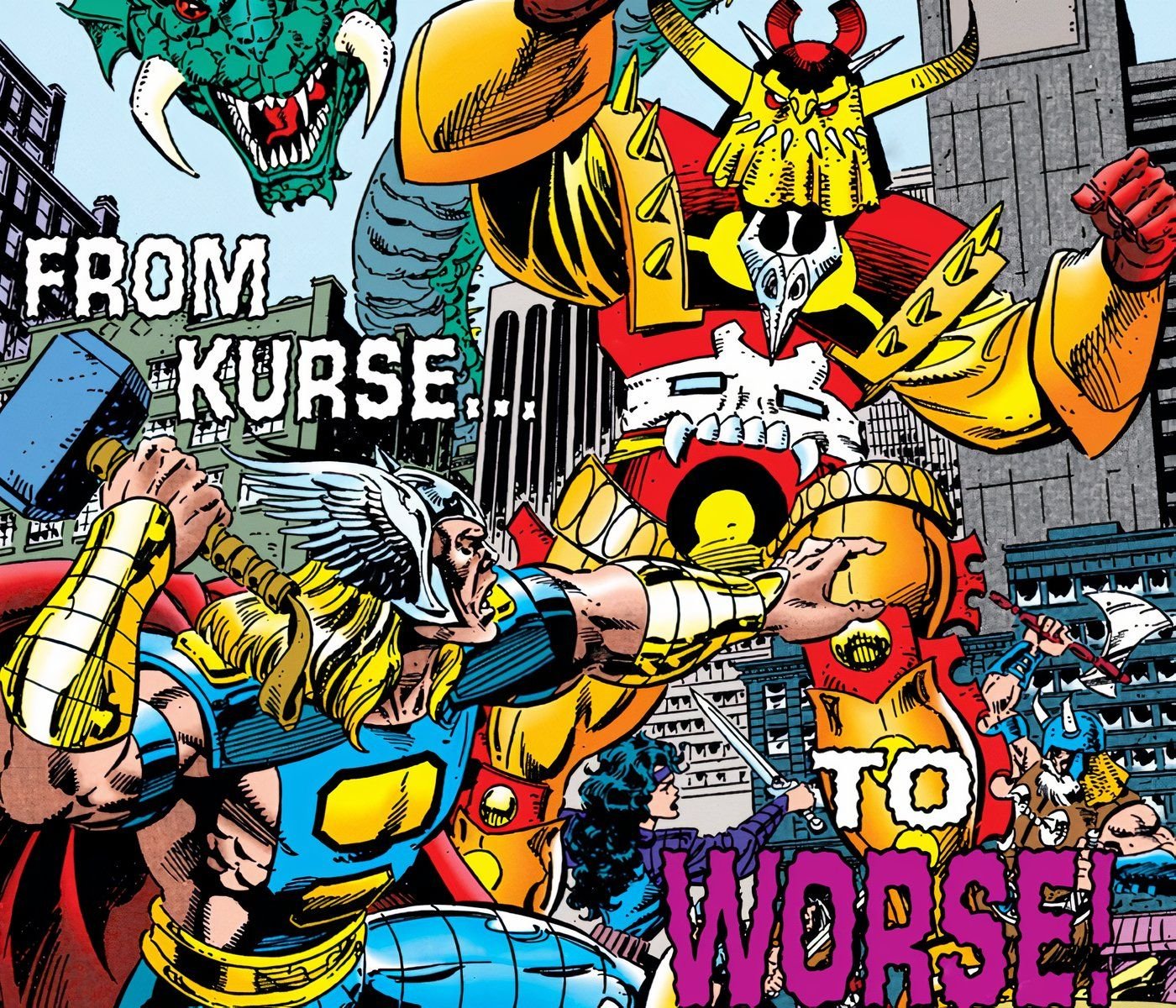 Thor facing off with Kurse in Marvel Comics.