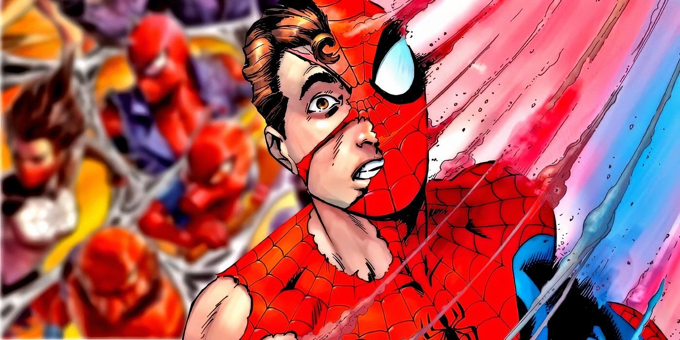 Did Marvel Revive Phil Coulson to Become Peter Parker's New Mentor? A New Theory Thinks So 4 Spider-Man with a torn-up mask with other Spider-Verse heroes behind him.