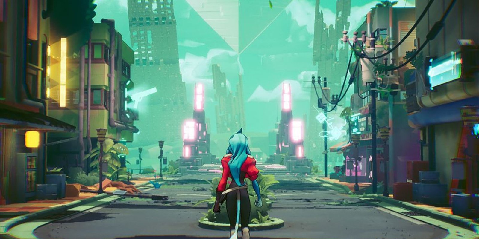 A blue-haired character wearing a red coat stepping out into a run-down settlement.