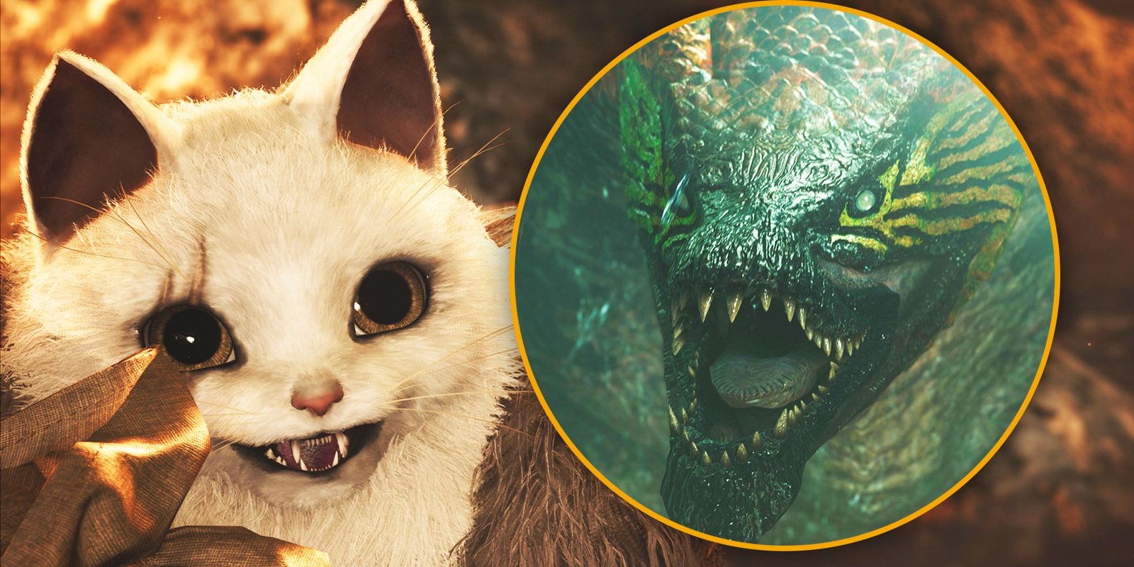 Monster Hunter Wilds Returns A Classic Feature That Was Shockingly Absent From Its Beta 4 Monster Hunter Preview image showing a Palico on the left smiling and a dragon-like monster roaring on the right.
