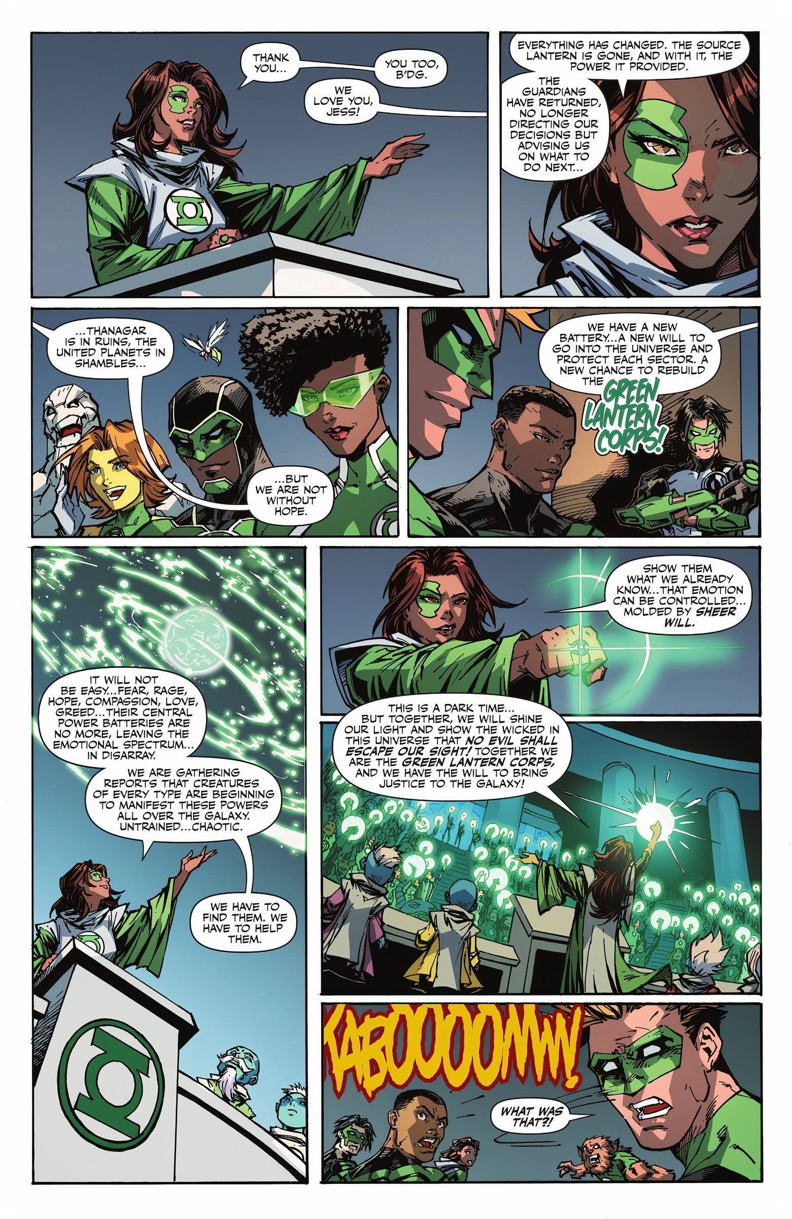 Eight panels of Jessica Cruz addressing the Green Lantern Corps