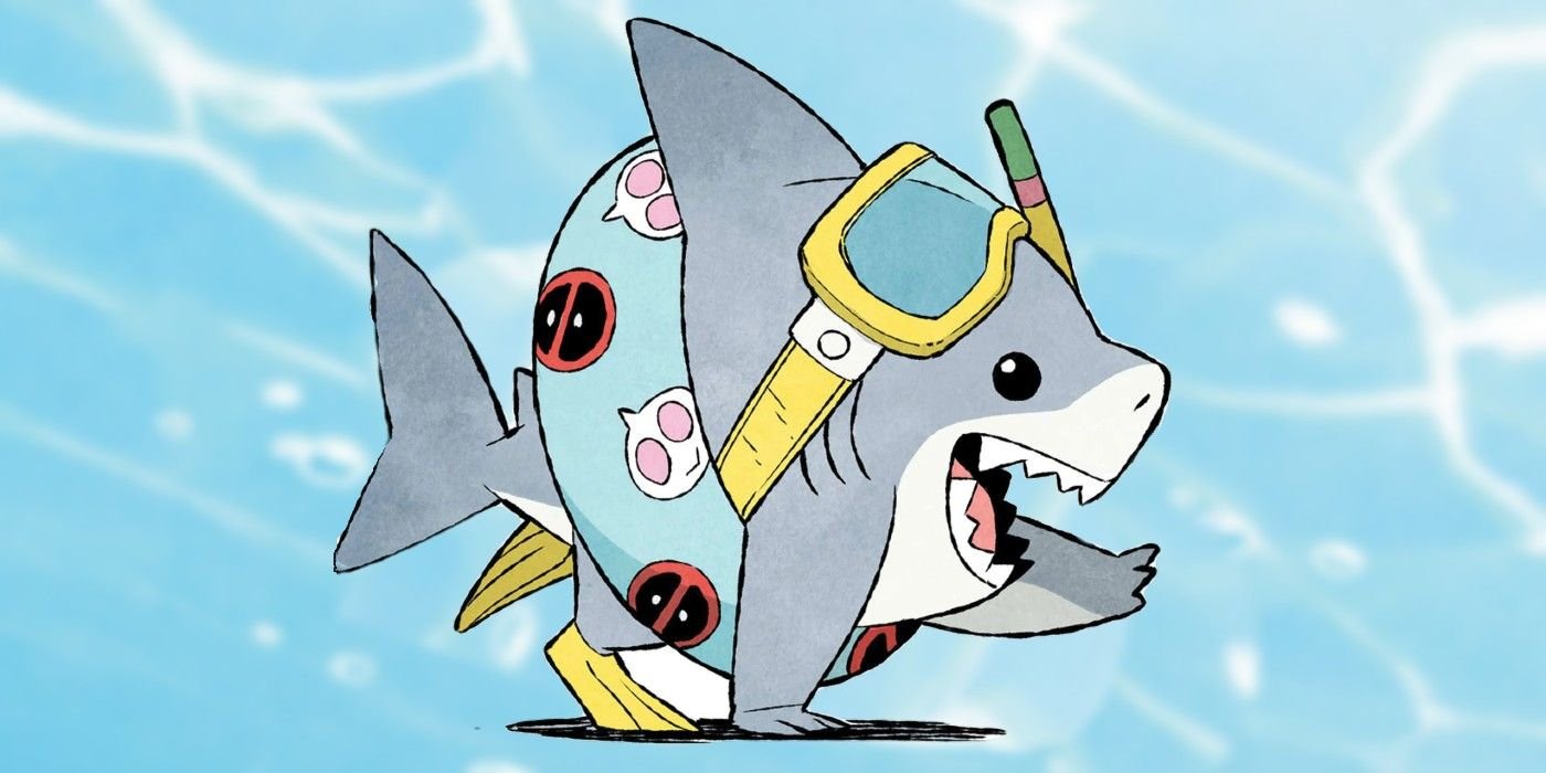 Comic book art: Jeff the Land Shark in goggles and Deadpool swimsuit