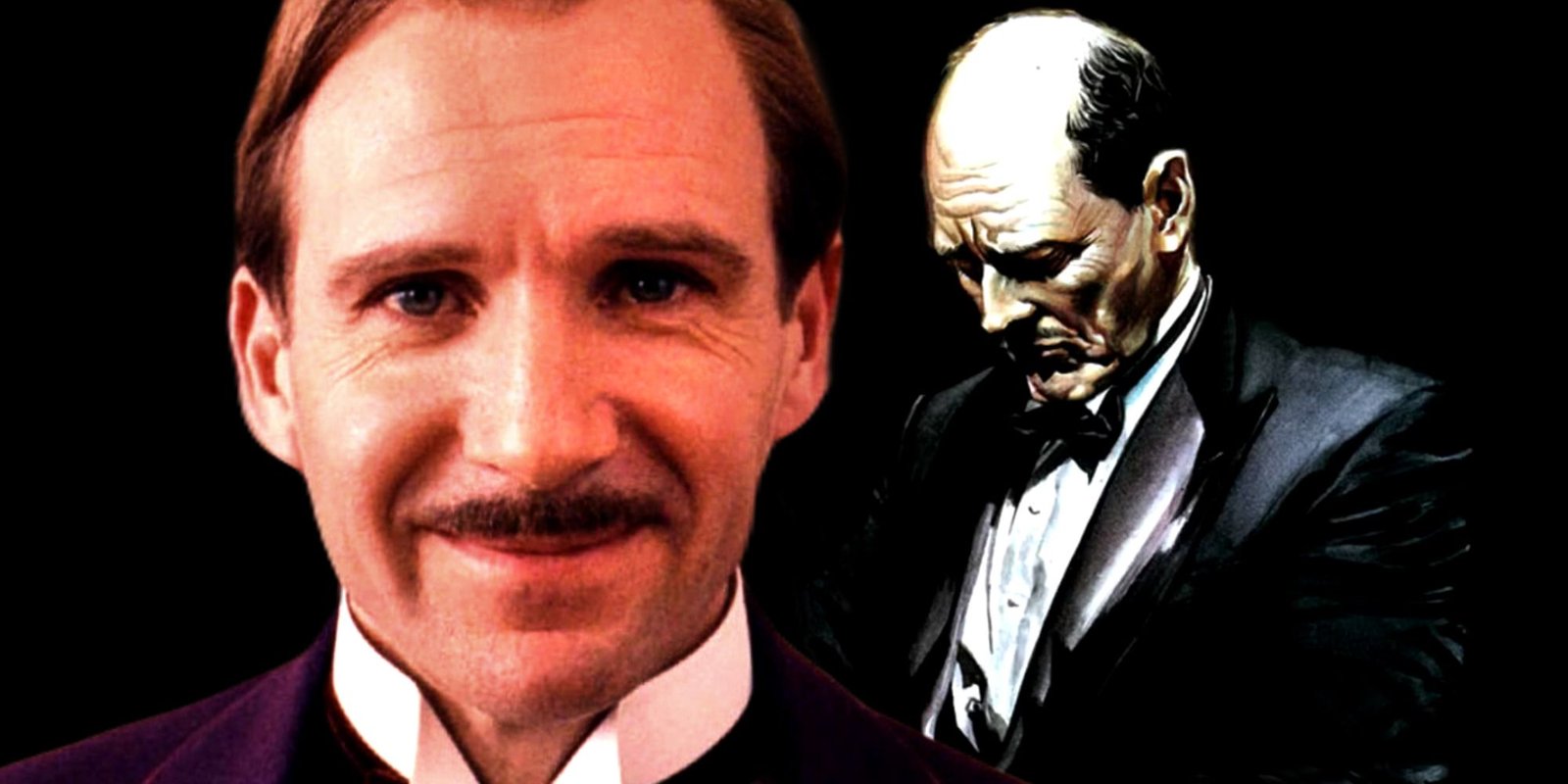 Ralph Fiennes smiles in The Grand Budapest Hotel and Alfred Pennyworth repairs Batman's suit