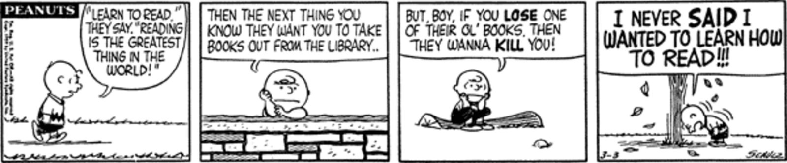 Peanuts strip: Charlie Brown talking to himself.