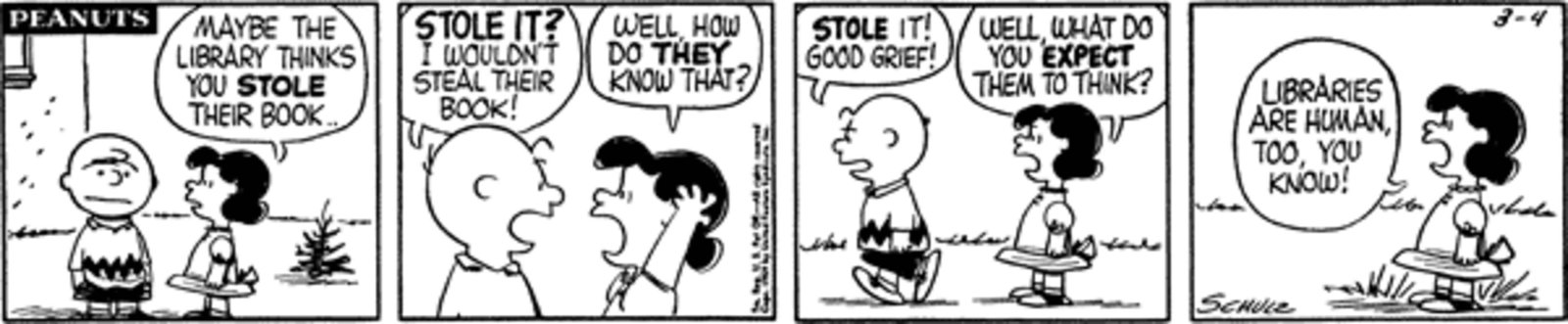 Peanuts strip: Lucy and Charlie Brown talking.