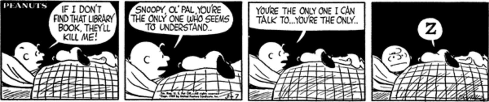 Peanuts strip: Charlie Brown talking to Snoopy in bed.
