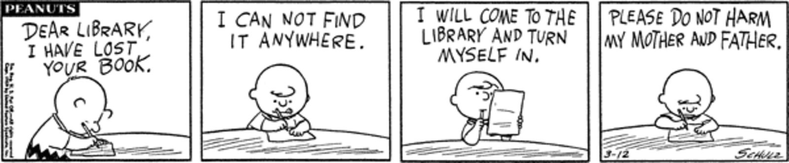 Peanuts strip: Charlie Brown writing a letter.