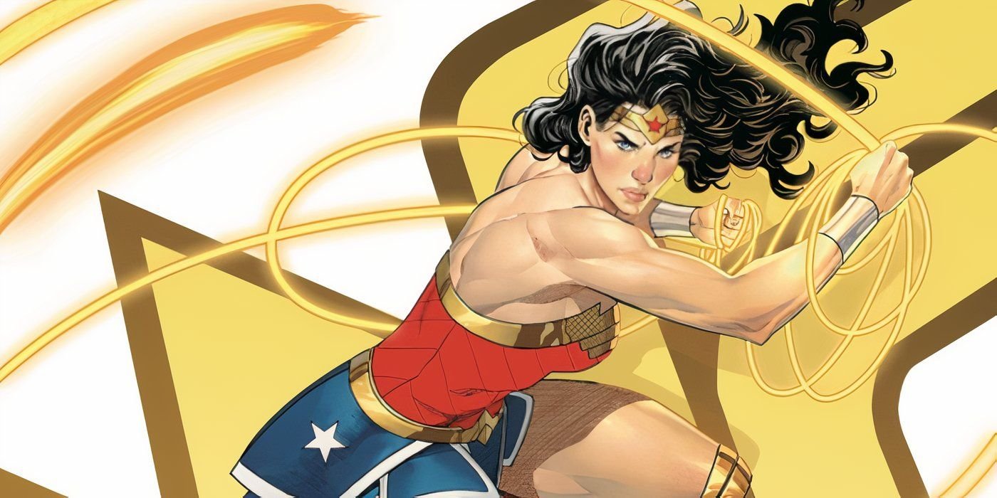 Comic book art: Wonder Woman swings her lasso in front of her gold All In logo.