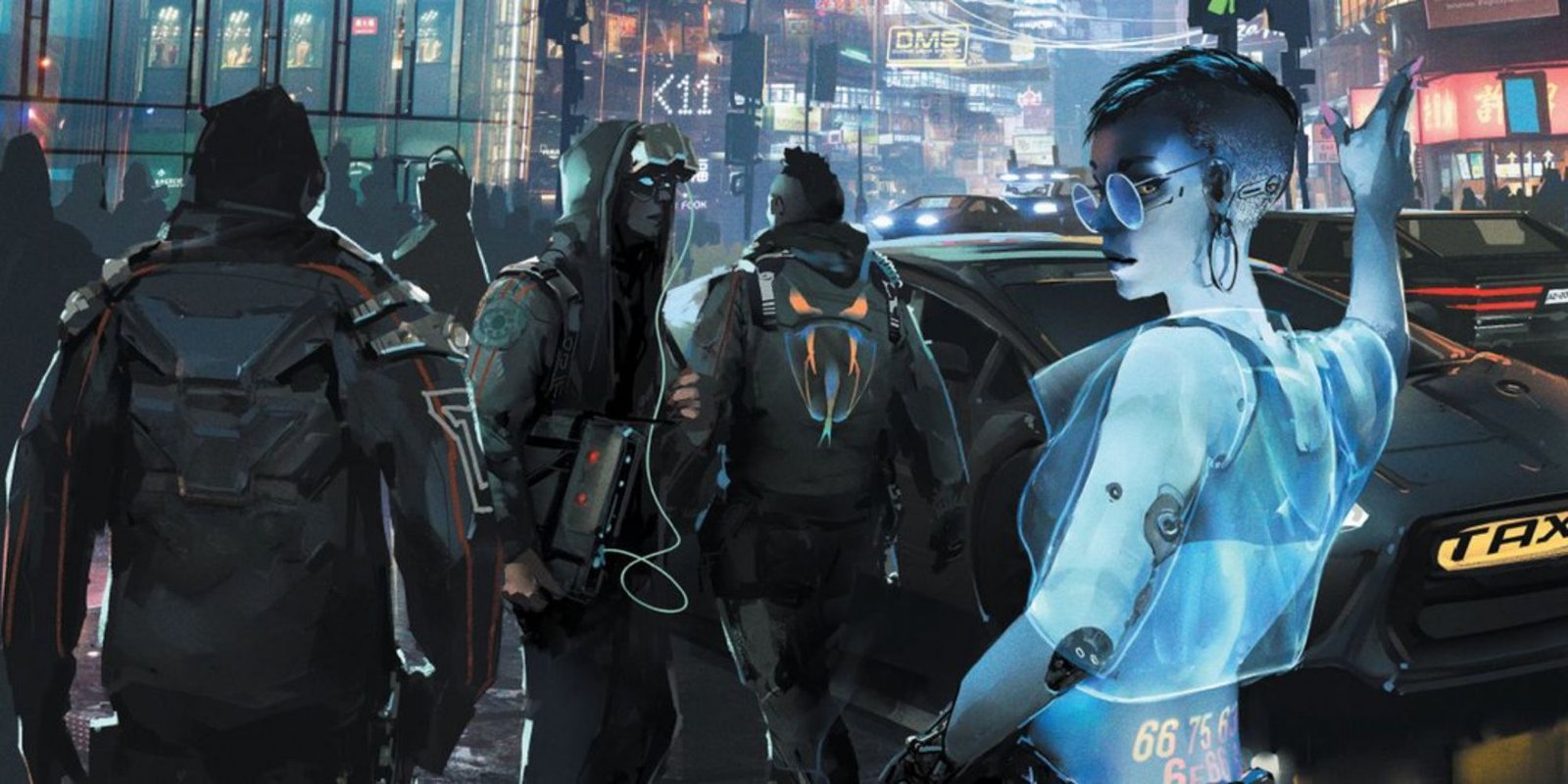 Cyberpunk Red cover art showing a crowded Night City street