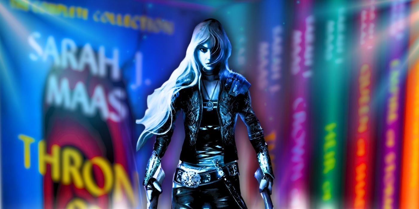 Celaena Sardothien from the Throne of Glass cover with the series' spines in the background