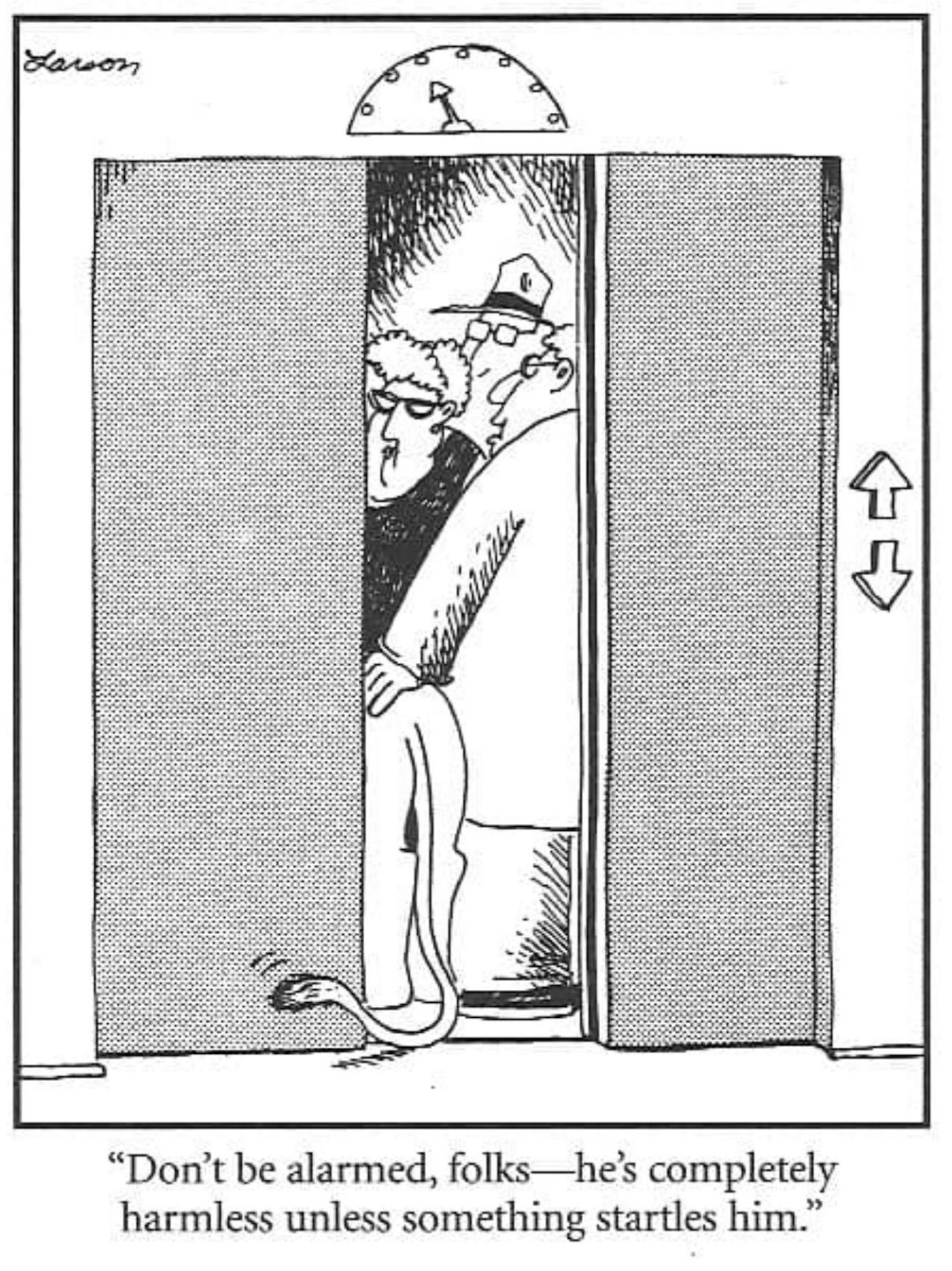 The Far Side, people in an elevator with a lion.