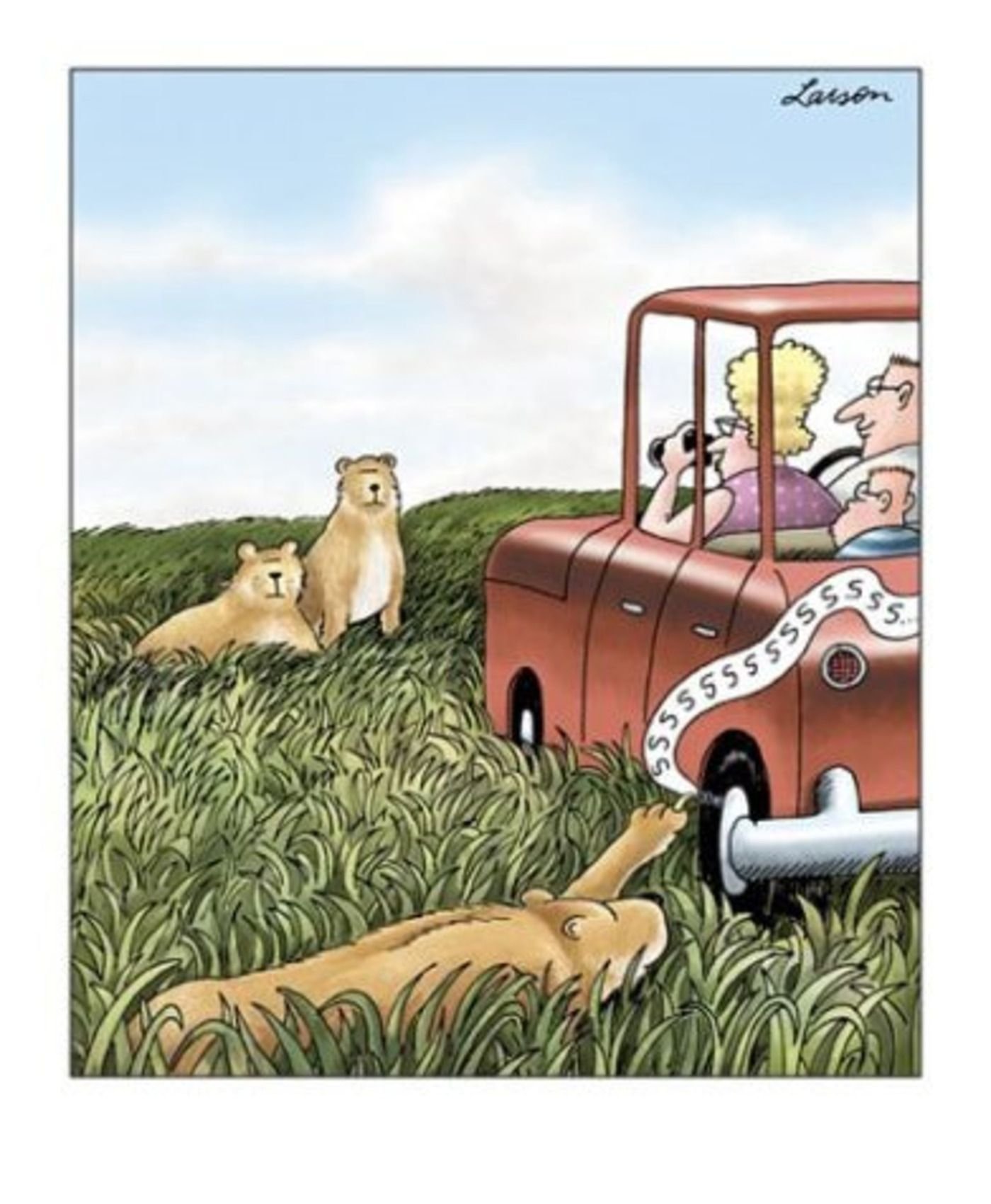 The Far Side, a lion popping a car's tire.