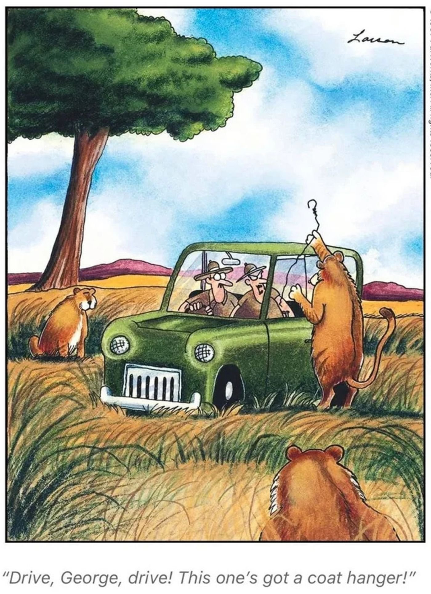 The Far Side, a lion using a coat hanger to break into a car.