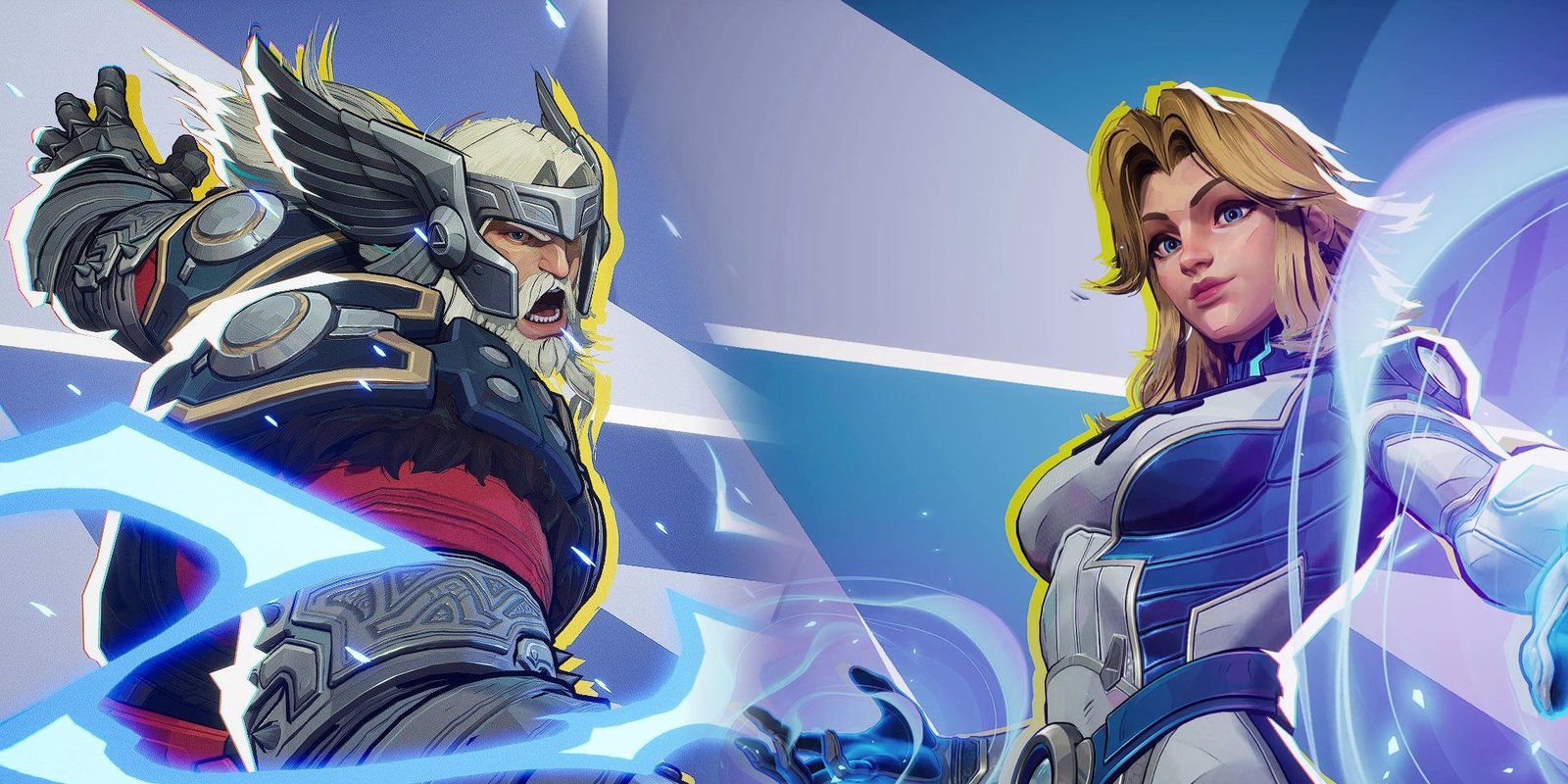 Thor and the Invisible Woman against a blue background in art from Marvel Rivals.