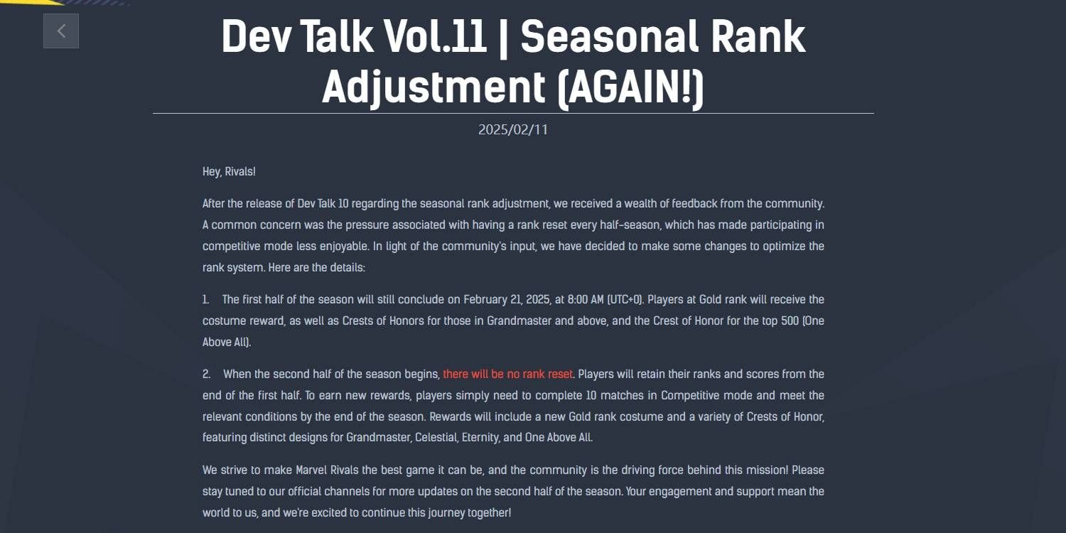 Marvel Rivals Dev Talk Vol.11 with seasonal rank adjustment rollback