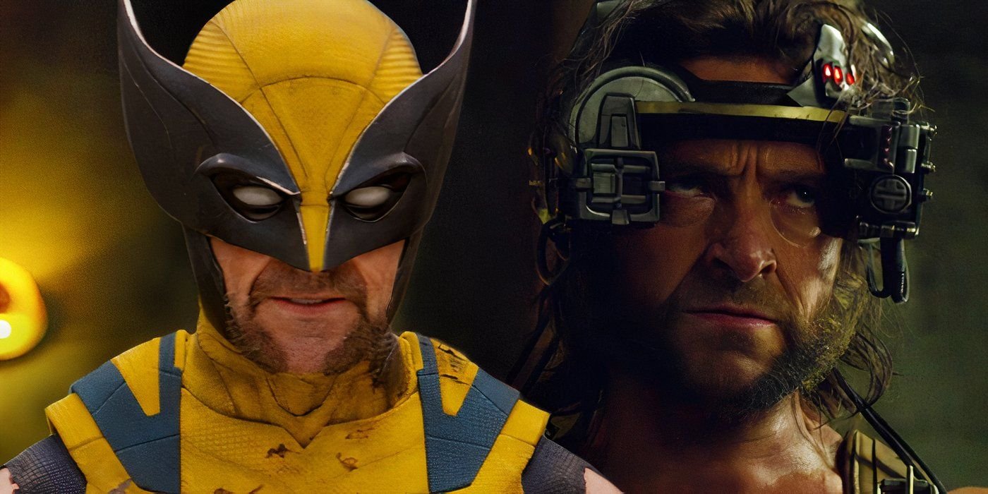 Split image of Hugh Jackman's Wolverine with his mask on in Deadpool & Wolverine (2024) on the left, Weapon X version of Wolverine escapes his cell in X-Men Apocalypse (2016) on the right