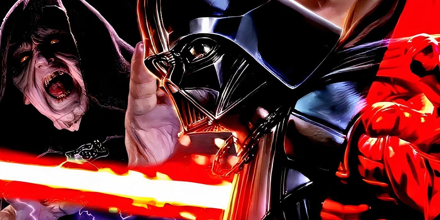 Darth Vader Never Gave Up on His Famed Prophecy And It Changes His Whole Character Arc 3 Darth Vader wielding his red lightsaber with Emperor Palpatine behind him.